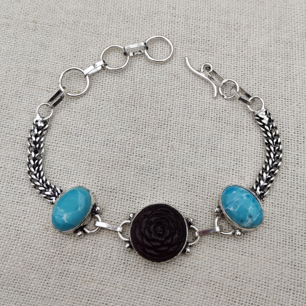 Sterling Silver, turquoise, and carved garnet bracelet, New Never Worn